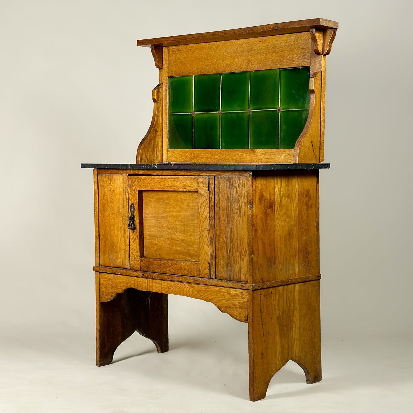 Arts and Crafts Oak Marble-Top Washstand with Green Tiled Back