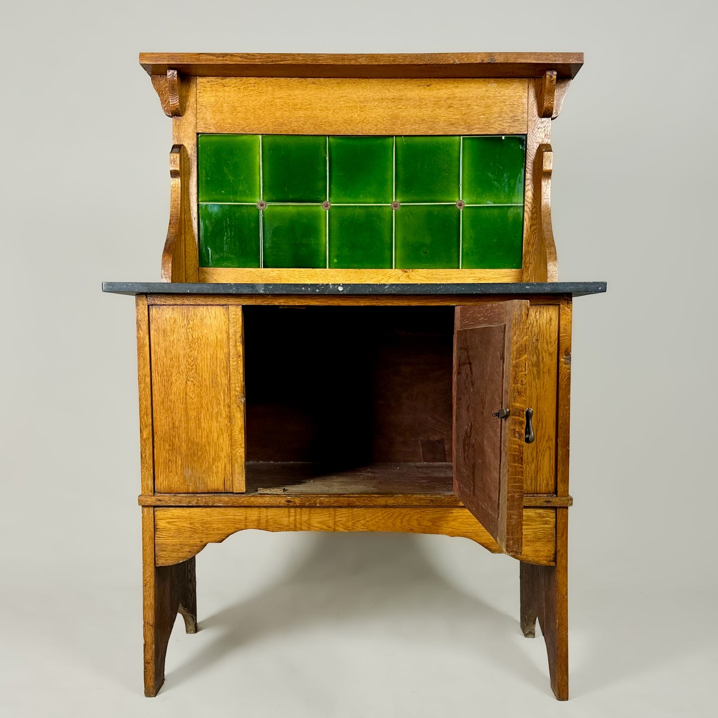Arts and Crafts Oak Marble-Top Washstand with Green Tiled Back