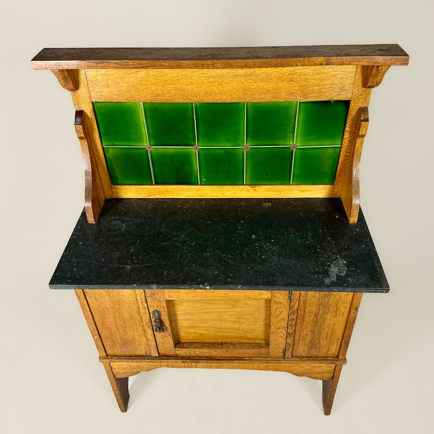 Arts and Crafts Oak Marble-Top Washstand with Green Tiled Back