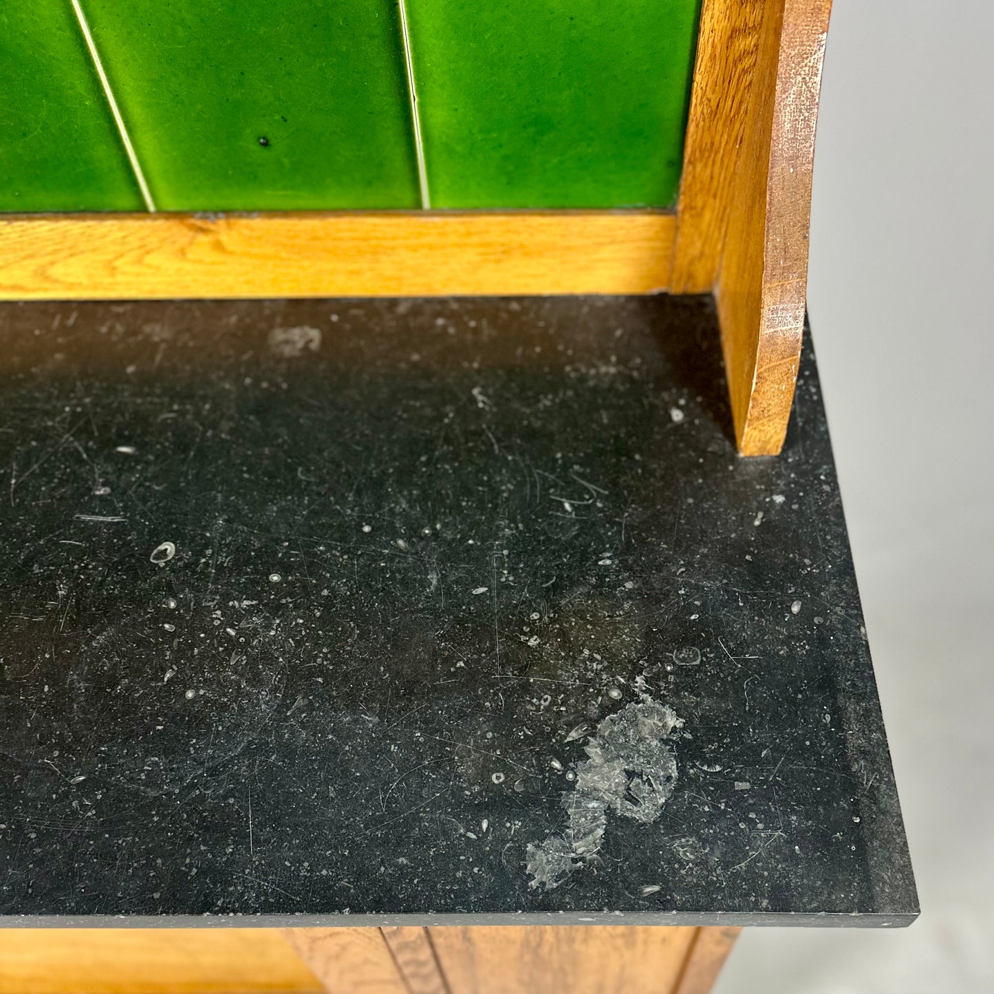 Arts and Crafts Oak Marble-Top Washstand with Green Tiled Back